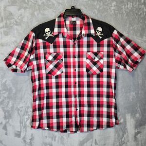 Rock Steady Clothing Shirt Mens XL Skull Red Plaid Button Up Rockabilly Western